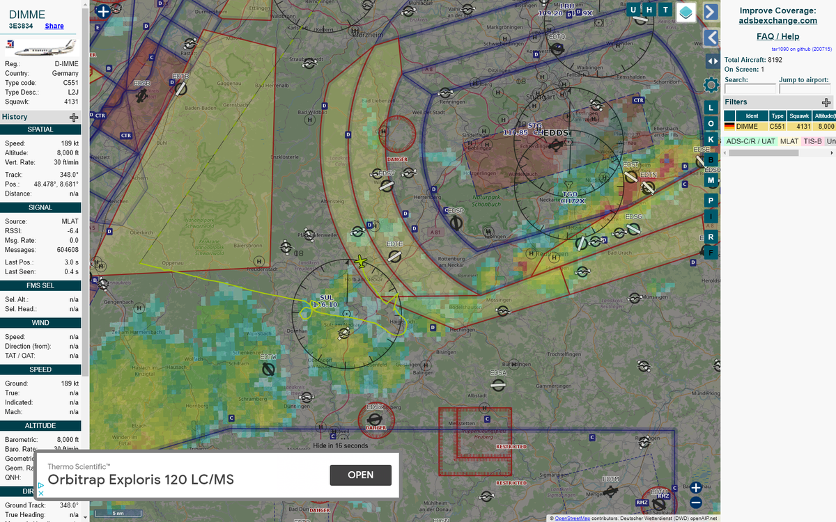 Radar_Assistant's tweet image. MANOEUVRING ALERT : At time Wed Jul 15 17:03:20 2020 #DIMME    was likely to be manoeuvring at FL78 6nm from SUL Sulz_VOR_DE
 near Felldorf, Starzach, Verwaltungsgemeinschaft Rotten #AvGeek #ADSB tar1090.adsbexchange.com/?icao=3e3834&amp;amp;z…