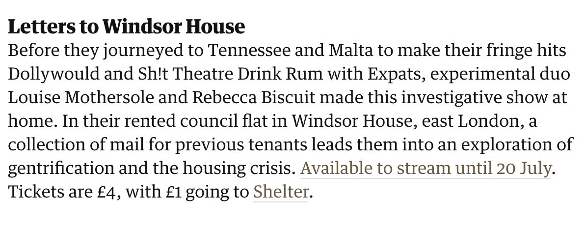 Show_And_Tell's tweet photo. Oh look, @shittheatre's Letters to Windsor House is recommended in @guardianstage's best theatre to watch online #LettersOD
https://t.co/t0LJkiVVha https://t.co/hmyUaFu1RN