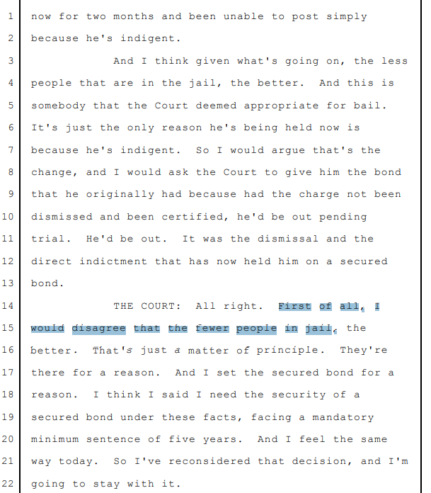 A 2nd hearing on 4/2 gave Cavedo the chance to grant an indigent man bond.He denied despite  #COVIDー19 and  #SCOVA pushing for reducing prison pops. He said he "would disagree that the fewer people in jail, the better. That's just a matter of principle."transcript4/6