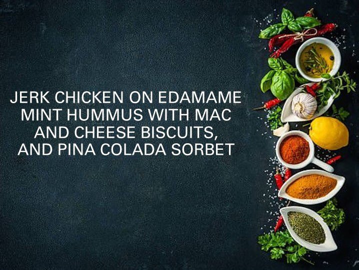 LewisDining's tweet image. Lewis Dining Challenged 4 students to make a dish with 5 mystery ingredients! Chicken, buttermilk flour, edamame, pina colada mix, and fried Mac and cheese!
Like this post to Vote for Contestant #4: Jerk Chicken on Edamame Hummus, Mac N' Cheese Biscuit, and Piña Colada Sorbet