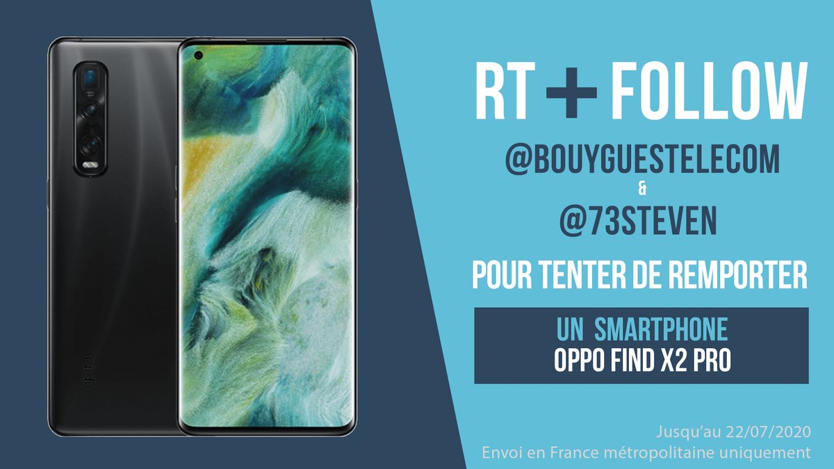 Steven (@stevenlathoud) on Twitter photo 🎁 CONCOURS 🎁
Un OPPO Find X2 Pro (5G) à GAGNER📱
1️⃣ Follow <a href="/bouyguestelecom/">Bouygues Telecom</a>
2️⃣ Follow @73steven
3️⃣ RT ce tweet
Vous avez jusqu’à 22/07/2020 pour participer🤞 🎁 CONCOURS 🎁
Un OPPO Find X2 Pro (5G) à GAGNER📱
1️⃣ Follow <a href="/bouyguestelecom/">Bouygues Telecom</a>
2️⃣ Follow @73steven
3️⃣ RT ce tweet
Vous avez jusqu’à 22/07/2020 pour participer🤞