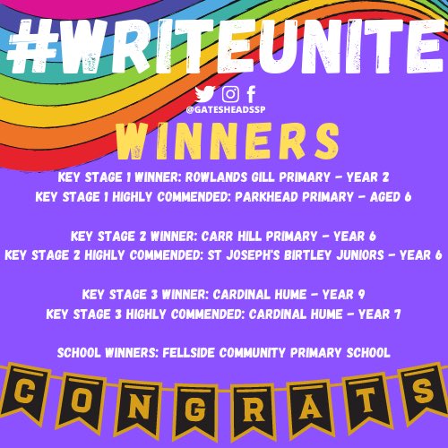 GatesheadSSP's tweet photo. Here is the summary of the winners and highly commended for #WRITEUNITE! Thank you to @liz_million for being a huge part of the project and well done to @FellsidePrimary for winning the School Engagement prize! We will be in touch with the winning entries for your prizes! 👏🏻🌈 https://t.co/FHuhXpuSrW