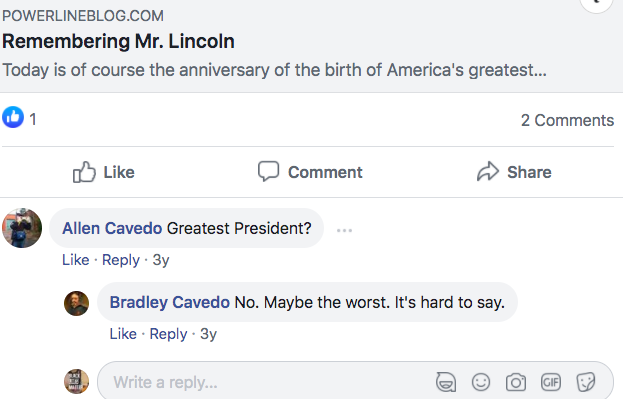 And then there's Cavedo's Facebook. Here's some stand outs:1 - Criticizing  @UVA's change to sexual harassment policy2 - race-bating alt-right new shares3 - Global warming is a hoax4 - Lincoln was "the worst" president5/?