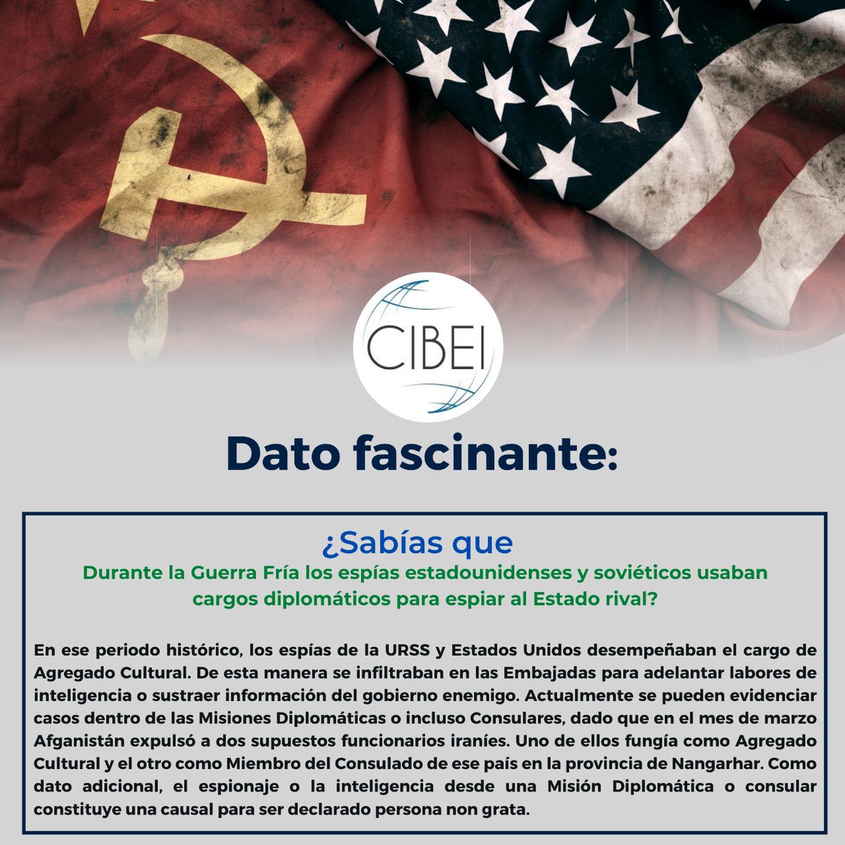 FormacionCIBEI's tweet photo. ¿Sabías que las Misiones Diplomáticas y Consulares han sido utilizadas como centrales de espionaje o inteligencia? Conóce más a continuación.
#DatoCurioso #embajadas #Consulados #diplomacia #políticaexterior #carreradiplomáticayconsular #serviciodiplomático #servicioconsular https://t.co/08IAJv3e4V