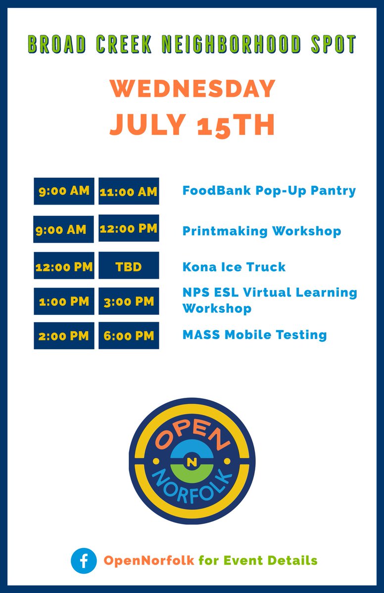 NorfolkVA's tweet photo. Need an outdoor break? We've got just the spot for you! Check out the events taking place at the #OpenNorfolk Neighborhood Spots in Five Points &amp; Broad Creek #NorfolkVA. These temporary, pop-up parks promote safe, physically-distanced fun. https://t.co/62SqDU78k7 https://t.co/MrdsUjrLwm