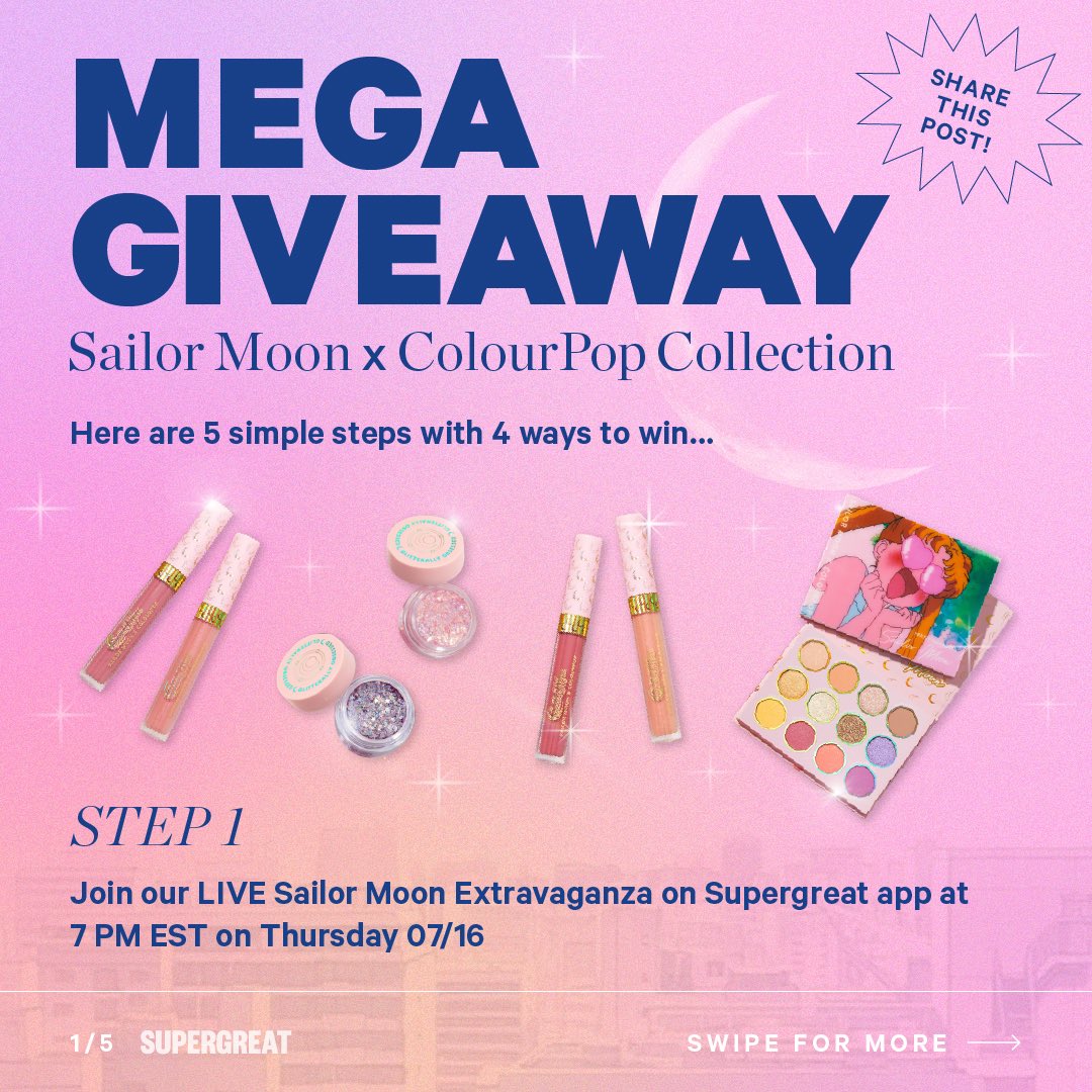 [1/5] MEGA GIVEAWAY ALERT  Ahead of tomorrow’s Supergreat  #SailorMoon Live Extravaganza, we wanted to share 5 easy steps with 4 ways to win BIG! Like + share the thread below! Tell everyone you know  We’ll be going Live tomorrow 07/16 at 7 PM EST on the app 