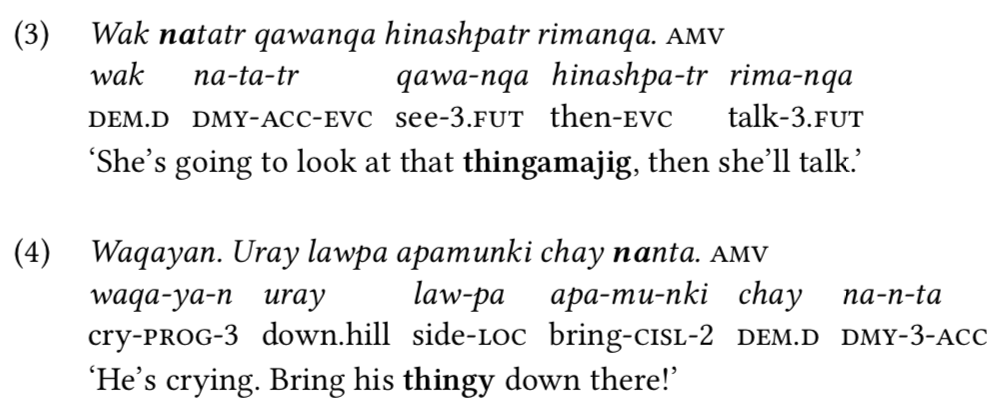 stipulative's tweet photo. The new rule for grammars is if your grammar does not cover the morphosyntax of the language's "thingamajig" word, it's not a good grammar. #lingdata #lingex #linguisticsexample #yauyosquechua

(Yauyos Quechua; ISO qux; Central Quechua I; Peru; Shimelman 2017:65) https://t.co/N5axq3lvux