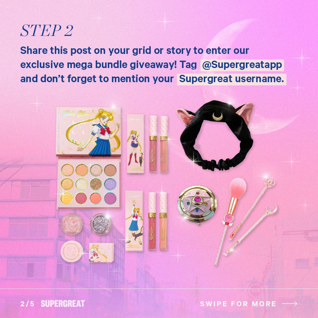 STEP 2: Share this thread + our IG post on your grid or story to enter our exclusive mega bundle giveaway! Tag  @supergreatapp and don’t forget to mention your Supergreat username  #Giveaway  #SailorMoon  #beauty  #beautycommunity