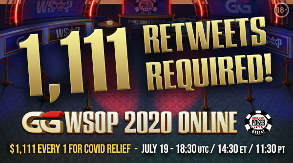 GGPoker's tweet photo. The @WSOP #Covid Charity Bracelet Event with a $1,111 Buy-in, this SUNDAY.

Celebs ✔️
Pros ✔️
Twitter Followers ✔️

When this gets 1,111 RETWEETS &amp; NICKS, we'll start giving out some $1,111 tickets to YOU!

@RealKidPoker @FelipeMojave @CrownUpGuy @elkypoker @PokerNews https://t.co/eM8ZfOnKcT