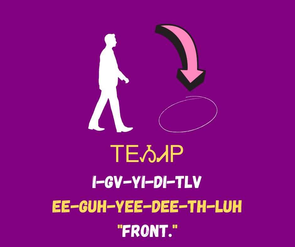 NSUNASC's tweet image. Cherokee Word of the Day:

ᎢᎬᏱᏗᏢ
Igvyiditlv
Ee-Guh-Yee-Dee-Th-Luh

"Front."