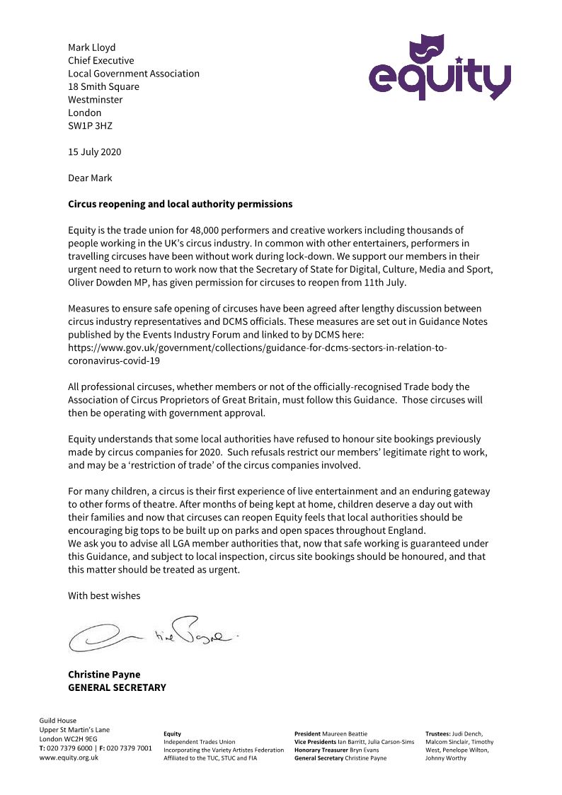 circuspr's tweet photo. The hugely supportive @EquityUK are right behind #circus performers. Latest is their letter to Local Government Assn @LGAcomms about circus sites. For many, tented circus is the only live professional art-form they see - #BigTops help restore normality! https://t.co/OjjgHCjTBq