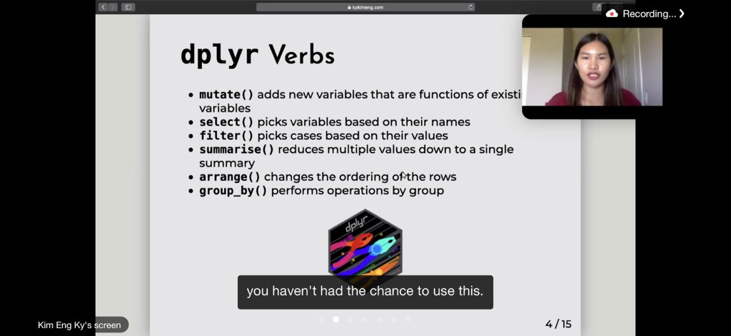 canoodleson's tweet photo. Some important #dplyr verbs, presented by @kykimeng (devoted #rladies member and organizer of @wimlds_tc ) #north2020 #rstats https://t.co/h880eFK9Le