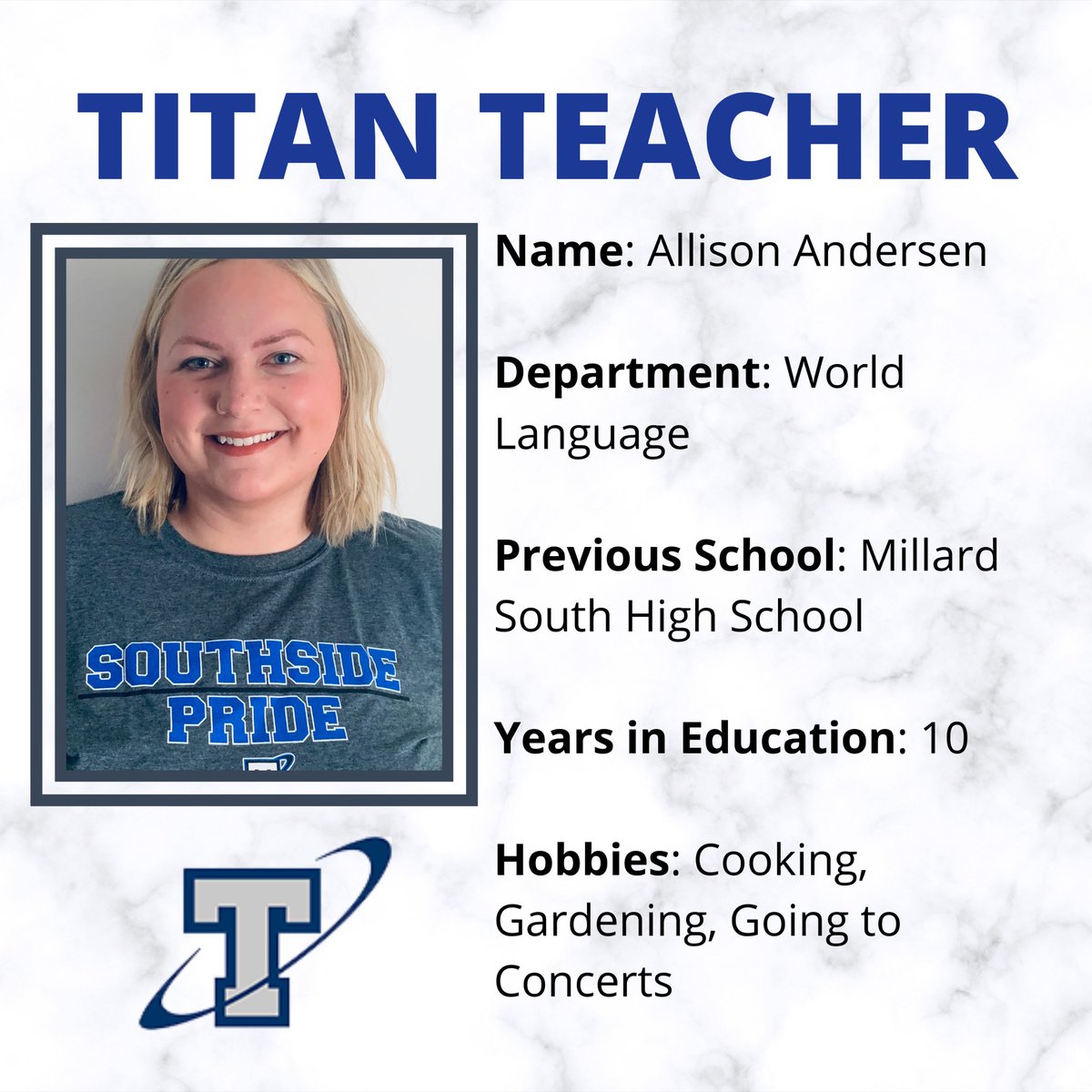 PLSHSTitans's tweet photo. Our next ⭐️⭐️⭐️⭐️⭐️ recruit joining the best staff in the state is Allison Andersen. Allison is a teacher who is passionate about her curriculum and will engage students in the classroom! We are excited to bring her expertise to our world language dept!🖤💙  #gbns #southsidepride https://t.co/mcY29S2nT9