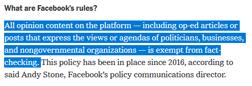 It's almost like Facebook itself doesn't understand -- or is being willfully blind -- to internet culture. I mean, how could exempting things from fact-checking provided they are 'opinion' ever possibly backfire? https://www.nytimes.com/2020/07/14/climate/climate-facebook-fact-checking.html