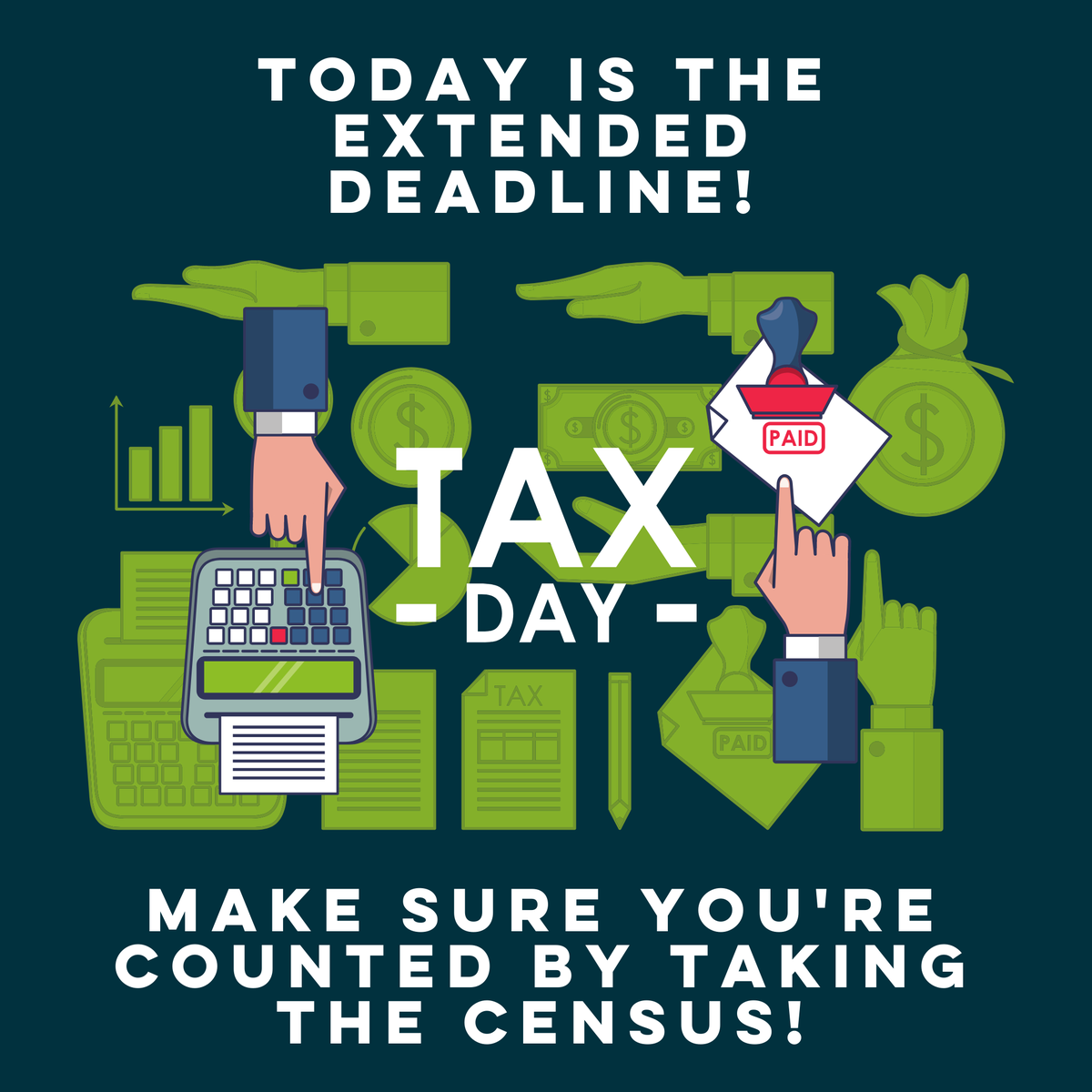 LitWorksChicago's tweet image. Friendly reminder! TODAY is the extended deadline for filing federal and Illinois income taxes. After you file, also make sure you and your household get counted by taking the Census at 2020Census.gov! #MakeILCount #CountingDollars #ILCountMeIn2020