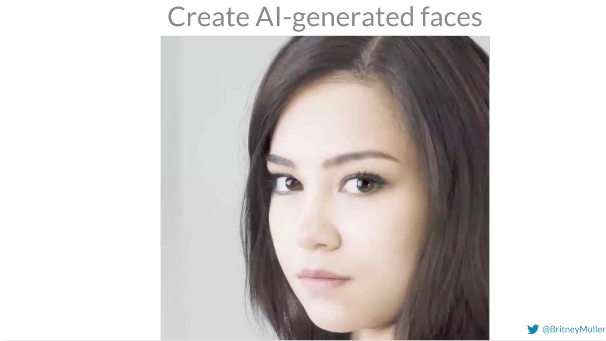 CTSagency's tweet photo. If the title above the slide didn't tell me, I would have thought she was a real person. Machine Learning &amp; AI have come a long way! #MozCon @BritneyMuller https://t.co/jGoXJgJsQo