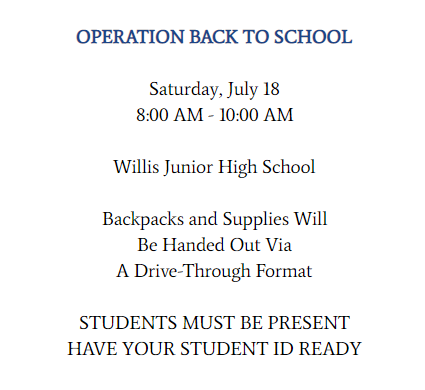 PrincipalDelp's tweet photo. Operation Back to School is this Saturday from 8 - 10 AM. Please enter through the SOUTH entrance and pull into the bus lane. Other locations include: CHS, AJHS, BHS https://t.co/o3dA8g2kcv