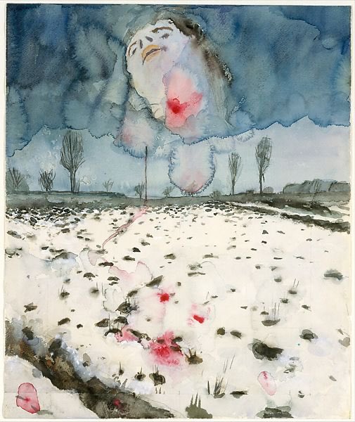 winter landscape (winterlandschaft) by anselm kiefer, 1970 (watercolor, gouache, and graphite on paper)“... with its pink blood bursting from the neck of a disembodied head floating over a punctured landscape in silent pain” (p. 52)
