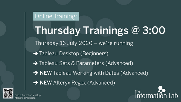 Which (free) THURSDAYS AT THREE session will you attend tomorrow? 
🆕#Tableau - Working with Dates in Tableau
🆕#Alteryx - RegEx
🆒#Tableau - Sets &amp; Parameters
🆒#Tableau - Desktop 101

✏️RSVP for a 3PM BST (10AM ET) start: buff.ly/2WkrFzS