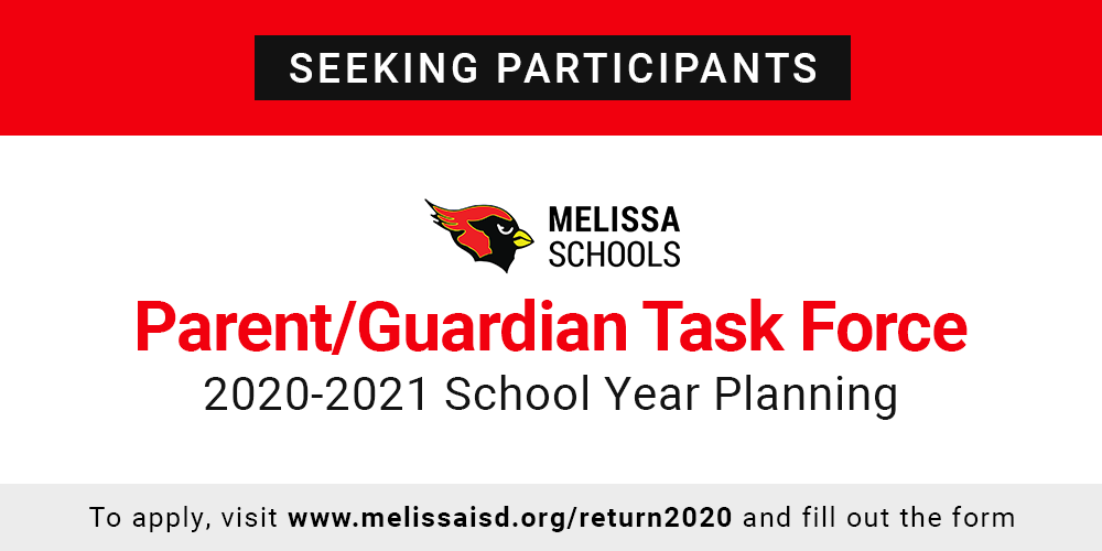melissaisd's tweet photo. Melissa ISD is assembling a Parent/Guardian Task Force of approximately 15 members to meet and discuss planning and protocols for the 2020-2021 school year. To learn more and apply to participate, please visit https://t.co/2hpwlfEzXi. #MelissaSchools https://t.co/BoSG8Reyjr