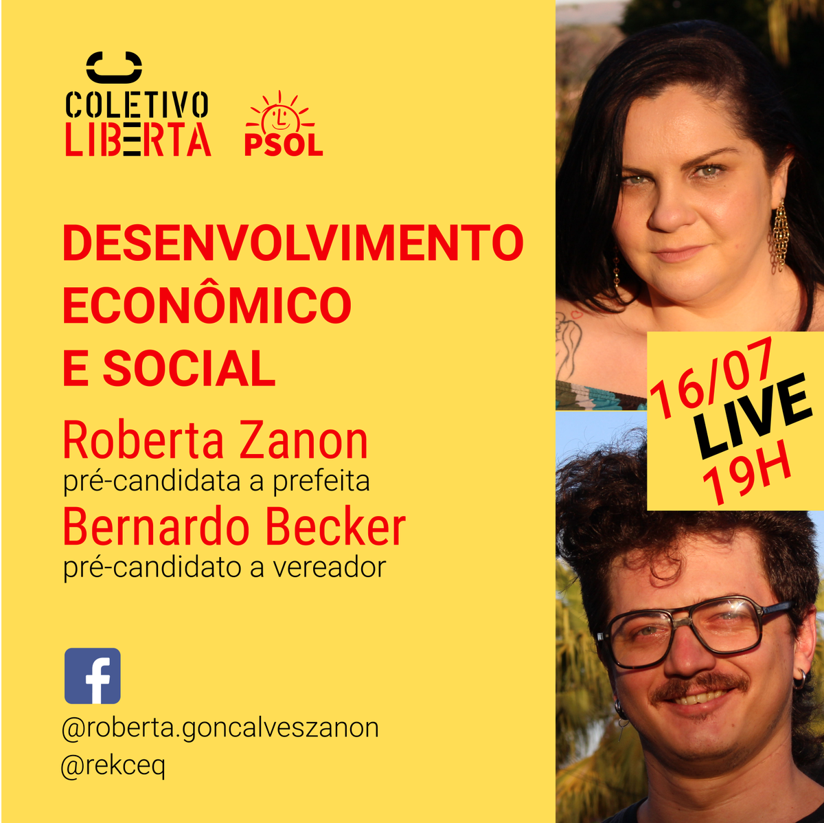 PSOLNL's tweet photo. Roberta Zanon conversa com Bernardo Becker nesta quinta-feira, dia 16, às 19h, no Facebook. #psol #psolnl #coletivoliberta #novalima https://t.co/dqcSENMHNN