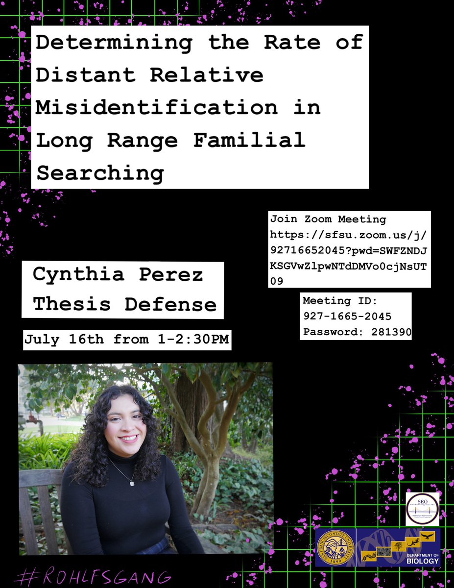 emstwithub's tweet photo. Rohlfs Lab’s very own, Cynthia Perez is defending her Masters Thesis this week! Have you ever wondered how Genealogical Searching works(the forensic method used to catch the infamous Golden State Killer)? Cynthia dives into how shes analyzing this method in her talk: https://t.co/YWHTnDU3Fb