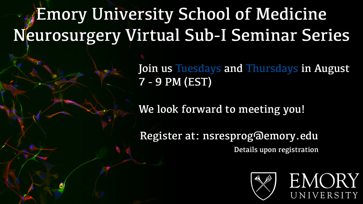 Emory Neurosurgery (@emoryneurosurg) on Twitter photo We are excited to launch the Emory Neurosurgery official Twitter account by announcing our virtual Sub-I Seminar for August. Register at nsresprog@emory.edu
We can't wait to meet you! <a href="/youngneuros/">AANS Early-to-mid Career Committee (#E2M)</a> <a href="/CNS_Update/">CNS</a> <a href="/AANSNeuro/">AANS</a> We are excited to launch the Emory Neurosurgery official Twitter account by announcing our virtual Sub-I Seminar for August. Register at nsresprog@emory.edu
We can't wait to meet you! <a href="/youngneuros/">AANS Early-to-mid Career Committee (#E2M)</a> <a href="/CNS_Update/">CNS</a> <a href="/AANSNeuro/">AANS</a>