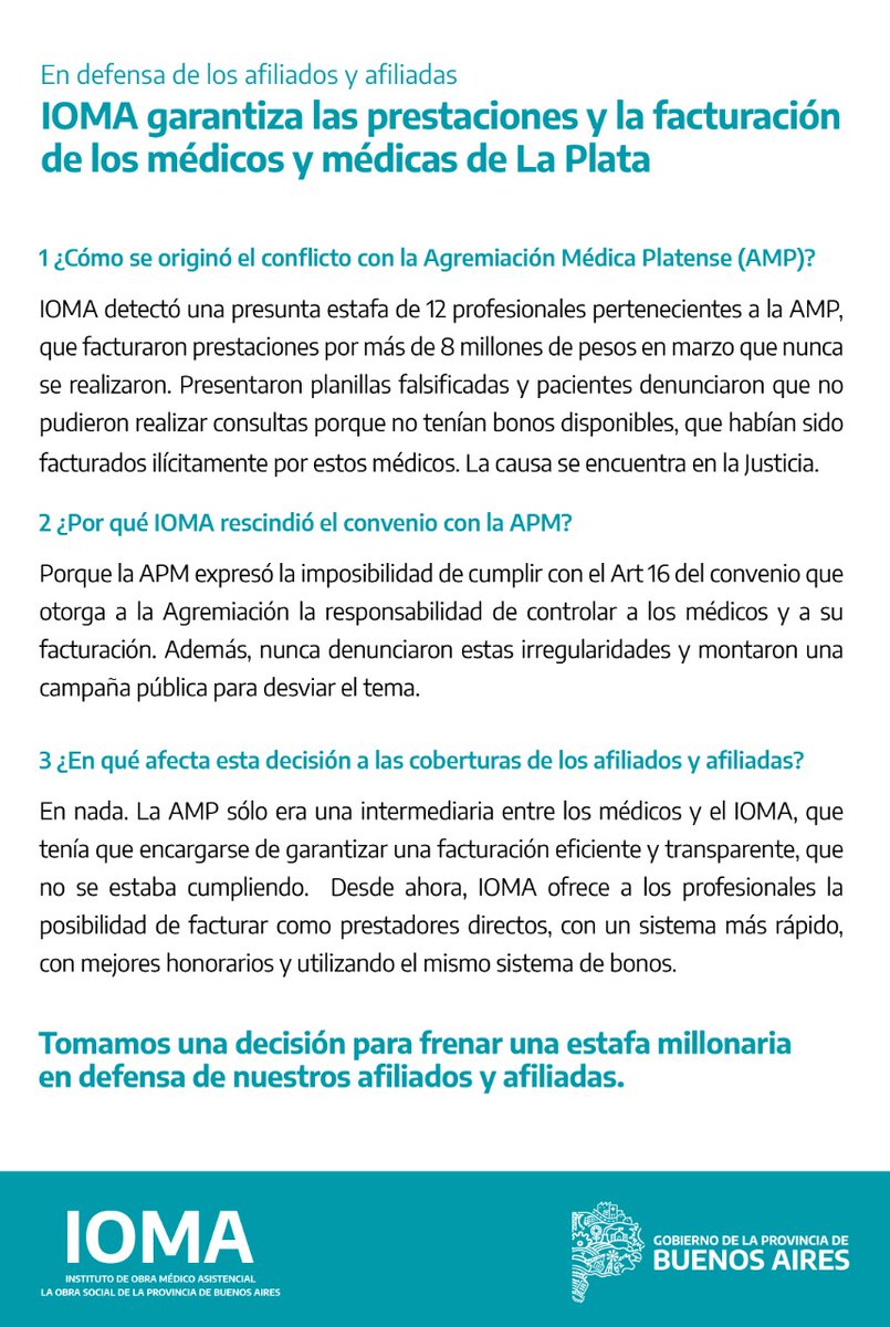 SaludBAP's tweet image. La estafa millonaria de un grupo de médicos al @IOMAgba originó el conflicto con la Agremiación Médica Platense. La AMP amparó estos actos de corrupción. IOMA garantiza que cada médico pueda facturar de manera directa y todas las prestaciones están aseguradas.
