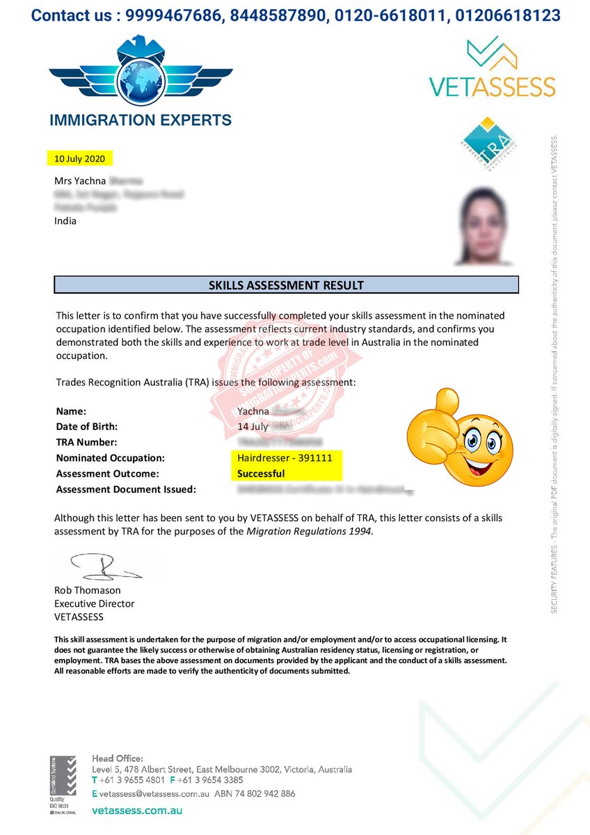 Immixperts's tweet photo. Heartiest 🥳Congratulations🥳 to Mrs. Yachna on #PositiveSkillAssessment from #VETASSESS
Under ANZSCO Code 391111 HAIRDRESSER
IMMIGRATION EXPERTS
📱 9999467686, 8448587890
☎️ 0120-661801, 0120-6618123
📧 info@immigrationxperts.com
🌐 https://t.co/CZZTZAYuuK
#VETASSESSExperts https://t.co/YUkZm6qxIQ
