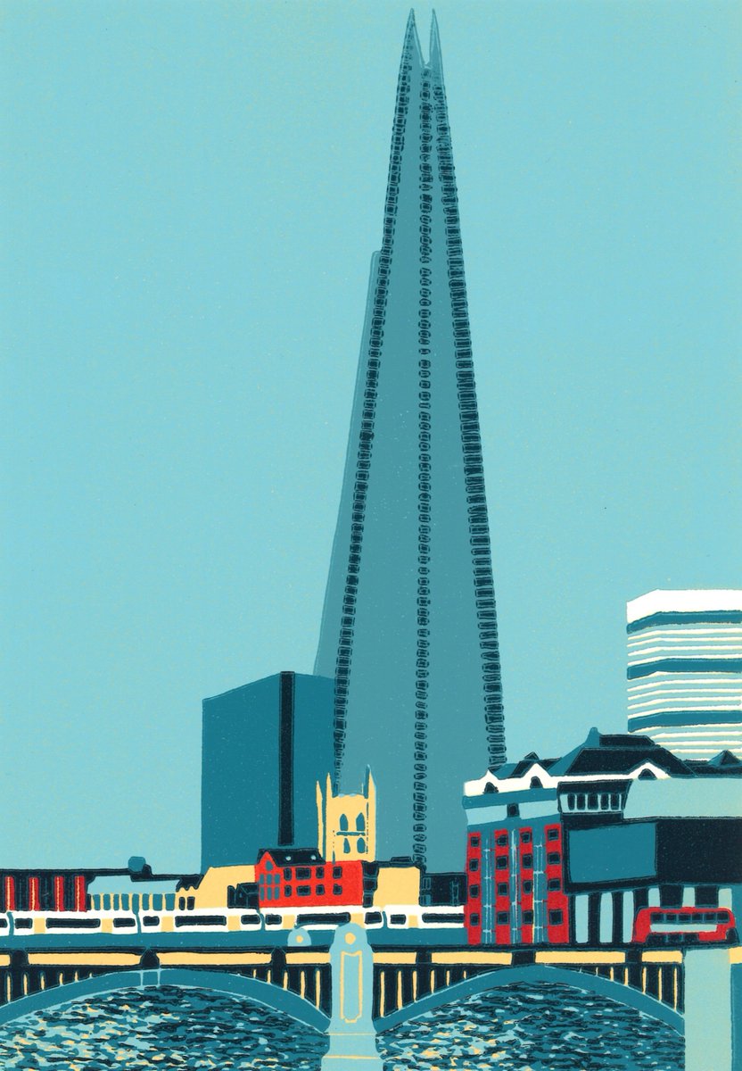 Weird crop view by Twitter, this is Shard View with Southwark Bridge, linocut print on my website #TheShardLondon #SouthwarkBridge #RiverThames #Londonprint #Londonart #originalprint #Londonartist #linocut #printmaking