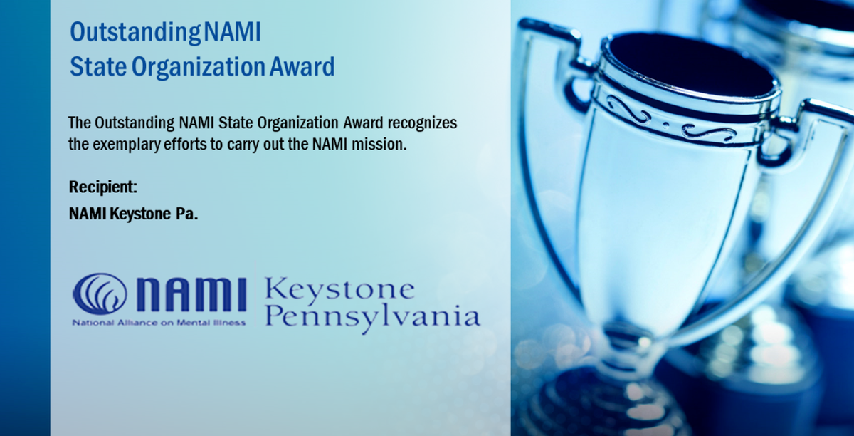NAMIKeystonePA's tweet photo. #NAMIKeystonePA is the recipient of the 2020 Outstanding #NAMI State Organization Award. Thanks @NAMICommunicate for the recognition! And a big thanks to our affiliates, program leaders & volunteers who do amazing work. #namicon2020 https://t.co/EdXWubw0VF