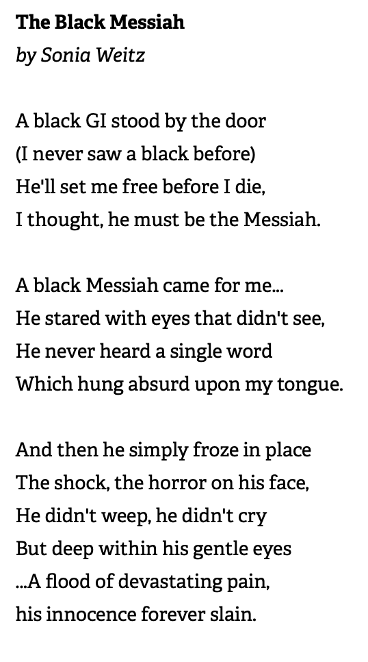 Foundational Black American soldiers from the 761st Battalion helped to liberate many people from concentration camps in nazi occupied Europe.One holocaust survivor named Sonia Weitz wrote an infamous poem about the Black heroes called "Black Messiah" #UncomfortableConvo