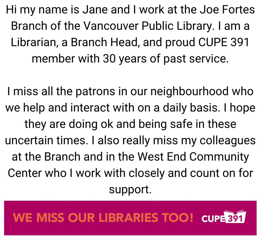 CUPE391's tweet photo. We are sharing messages from our CUPE 391 members who want to let you know what they’ve missed most about working at Vancouver Public Library.
Today, meet Jane!
#wemissourlibrariestoo #vancouver #vancouverpubliclibrary #VPL #vanpoli #librarytwitter #vanlab #onlylibrariescan https://t.co/uO2iP1iTbb