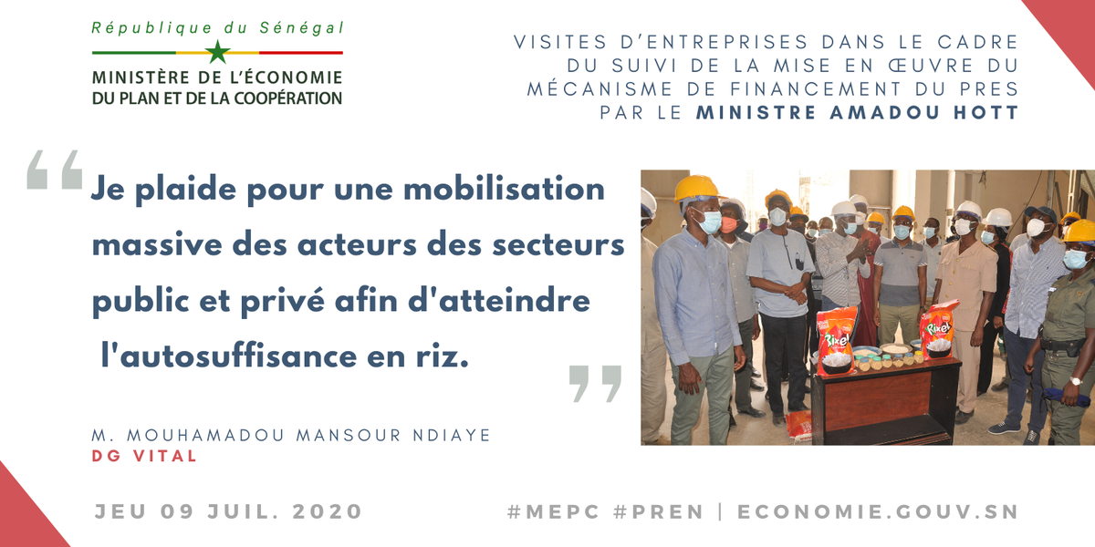economie_sn's tweet photo. VITAL a été la 3è entreprise visitée par le Ministre @AmadouHott lors de sa tournée économique à Saint-Louis les 9 et 10 juillet. Située près de Richard Toll, elle dispose d'une unité de transformation de riz paddy de +connu sous la marque #Rixel. #MEPC #PRES @BNDESENEGAL @FONGIP https://t.co/7TGF5nneix