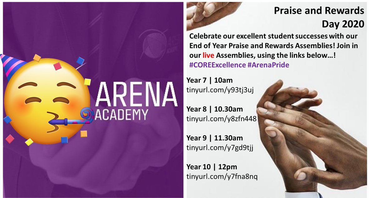 COREArenaAcad's tweet photo. We are so excited for Praise and Rewards Day! We have special End of Year Assemblies happening all day, streamed live via @MicrosoftTeams. We'd love all students and their families to tune in and cheer on! Have you won an award? Find out tomorrow! #COREexcellence #ArenaPride https://t.co/7gsDVMmgoK