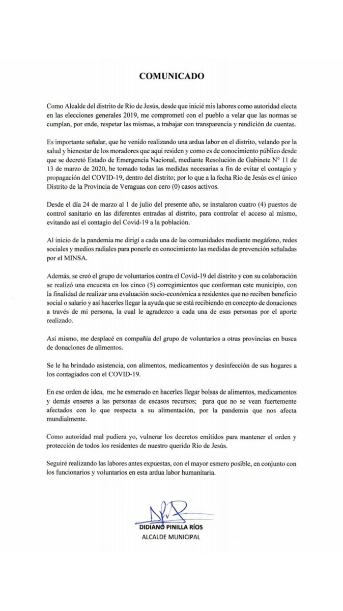 COMUNICADO del Sr. Alcalde Municipal de Río de Jesús Didiano Pinilla Ríos <a href="/didipinilla/">Didiano Pinilla Rios</a>