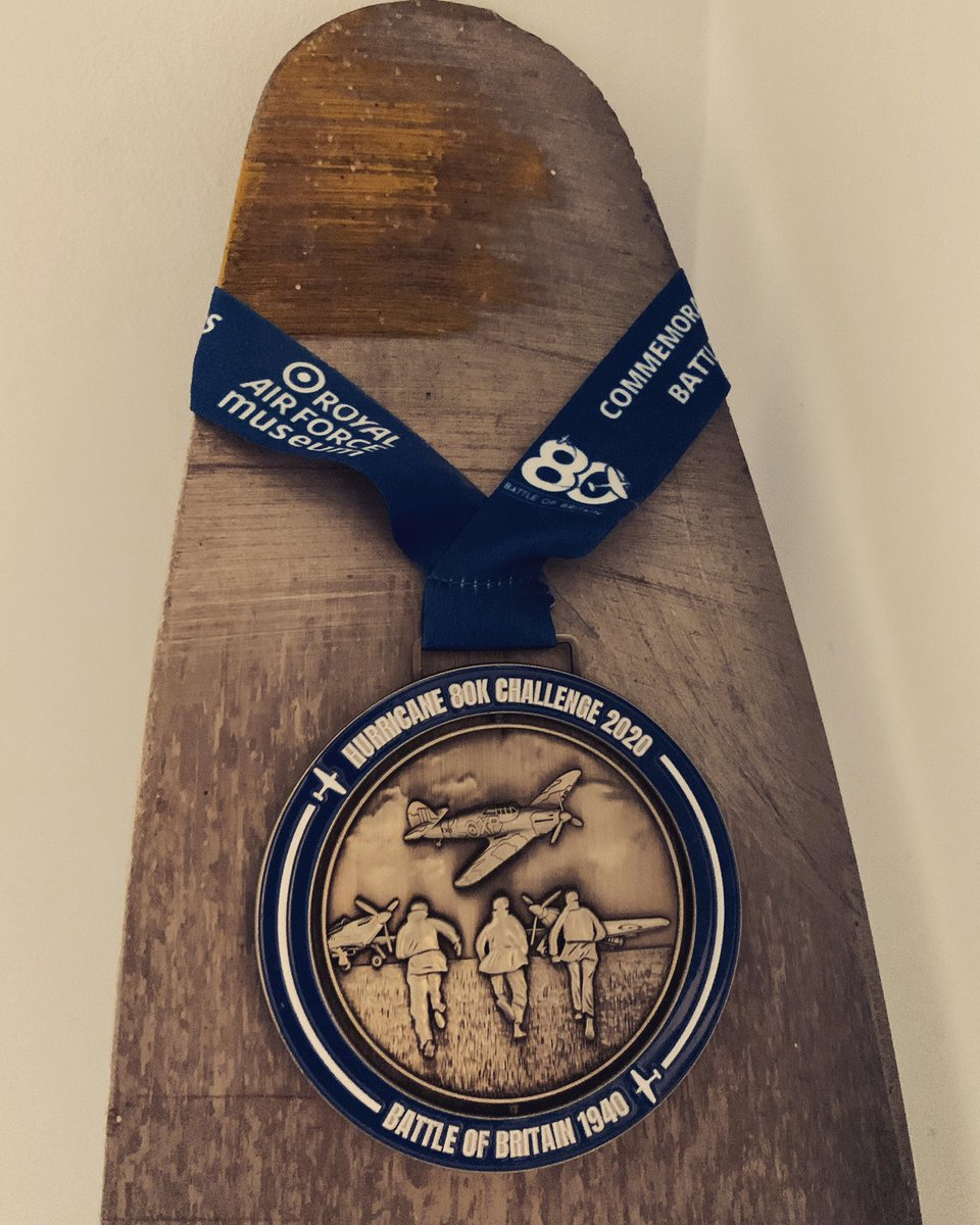 hwebster86's tweet image. Today I got my #hurricane80kchallenge medal in the post after running 80K in 80 days over lockdown. Obviously it’s now hanging round dad’s (crashed) Dove propeller. Now to crack on with 10K training for the Spitfire 10K (so I can have matching plane medals)
