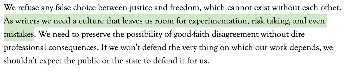 one more thing and then i'll stop: i have noticed praise for "mistakes" cropping up in free speech discourse recently. Here it is in the Harper's letter