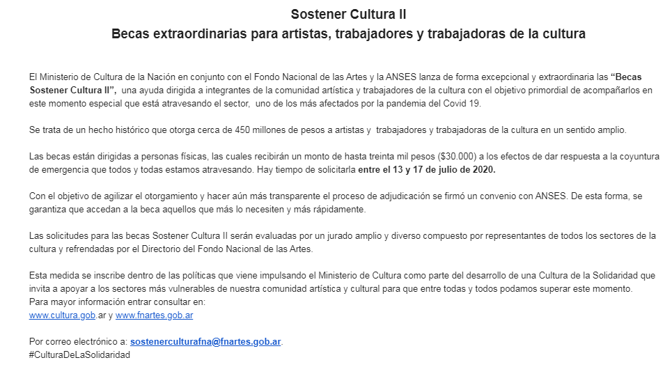 ATENCIÓN para artistas y trabajadores de la cultura: lanzan becas extraordinarias de hasta $30 mil. Hay tiempo para solicitarla hasta el viernes.