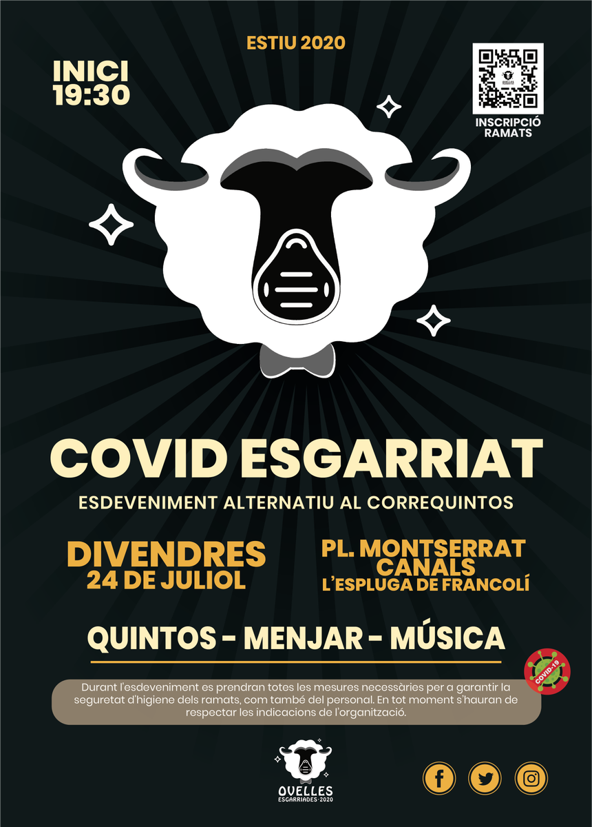 Ovelles2020's tweet photo. El divendres 24 de Juliol tindrà lloc el Covid Esgarriat, un esdeveniment alternatiu al tradicional correquintos.

Es prendran totes les mesures per garantir la seguretat de distància i d’higiene, s’hauran de respectar les indicacions donades i és necessari una prèvia inscripció! https://t.co/5X0H1Nn6qZ