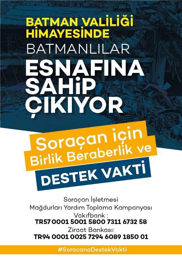 #soracanadestekvakti Haziran'da çıkan yangında küle dönen Soraçan AVM için Batman Valiliği himayesinde yardım kampanyası başlatıldı. Kampanyaya aşağıdaki iban numaralarını kullanarak destek verebilirsiniz.
<a href="/batmanvaliligi/">Batman Valiliği</a> <a href="/Batmantso/">BATSO</a> pic.x.com/16ui4HLtOy