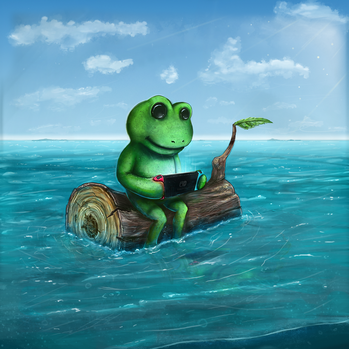 TheWorkingParts's tweet photo. To celebrate the release of They Breathe on Nintendo Switch on July 29th here's a new artwork with Glenn the frog, on his log, but with a twist! Hope you all are looking forward to the new co-op mode! #TheyBreathe #Nintendo https://t.co/e0n065fcY5