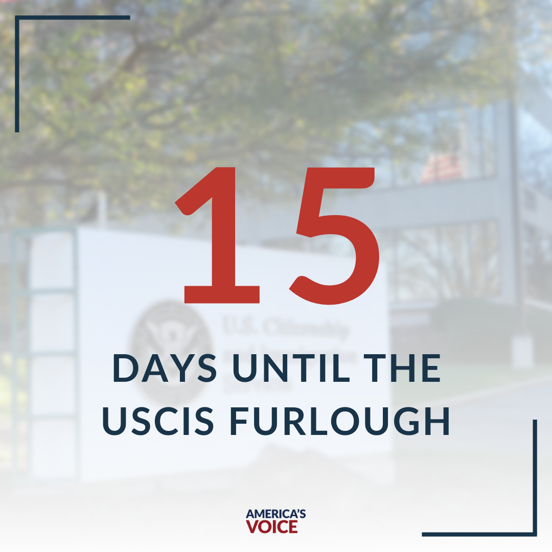 AmericasVoice's tweet photo. In 15 days thousands of USCIS employees will be furloughed. Without them our entire immigration system will essentially shut down. 

Congress must act to protect these employees #CountdownToMeltdown https://t.co/Q8EF50bXqo