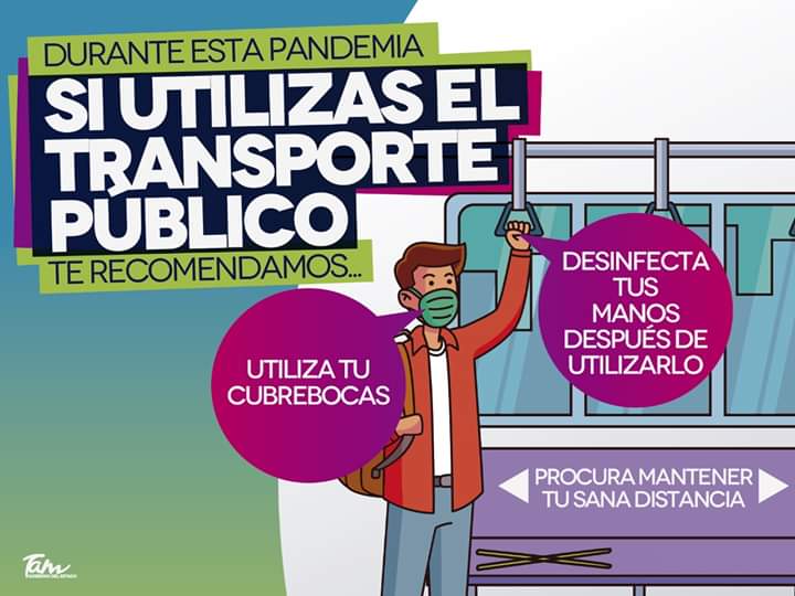Al viajar en transporte público pon en práctica estas recomendaciones contra el #COVID19:

•Lávate las manos con agua y jabón o usa alcohol gel al 70% antes de utilizar el transporte y al llegar a tu destino.

•Utiliza cubrebocas.