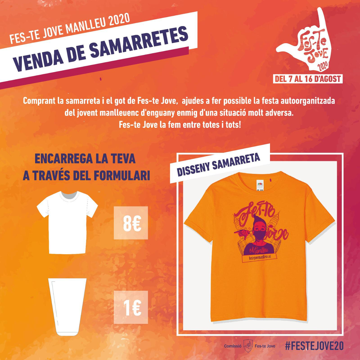 FesteJove's tweet photo. 🆕 Ja pots reservar la samarreta i el got de #FesteJove20 a través del FORMULARI que hem obert. No badis! 🤙🎉 Obrim FIL amb les principals novetats al respecte. #Manlleu #Osona
https://t.co/6arb6srEGg https://t.co/aKDka60joi