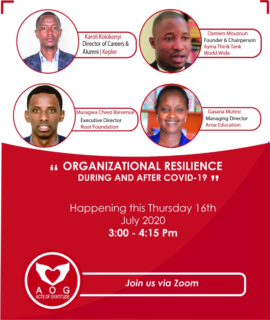 AOGRwanda's tweet photo. AOG is organizing a webinar on ‘Organizational Resilience
during and after #COVID19' aiming at looking at the impacts of this pandemic on social enterprises and the possible way forward.

It's happening on Thursday, from 3pm-4:15 pm.

Register today: https://t.co/KB19lbHh7M https://t.co/2sq1PONln7