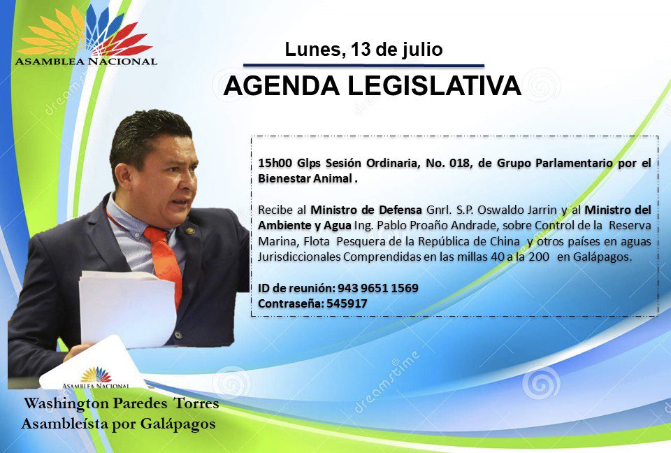 Hoy día lunes , se realizará la Sesión N. 18, del Grupo <a href="/AnimalGP/">Grupo Bienestar Animal</a> .
Compartimos el ID de la sesión.

ID de reunión: 943 9651 1569
Contraseña: 545917

<a href="/paredeswashing1/">@WashingtonParedes🇸🇱.</a>  
<a href="/AsambleaEcuador/">Asamblea Nacional</a> 
<a href="/DanielD56757537/">Daniel Domínguez</a> 
<a href="/eluniversocom/">El Universo</a> 
<a href="/TEAFundacion/">Fundación TEA</a> <a href="/Ecogranjero/">TIERRA SANA</a> @