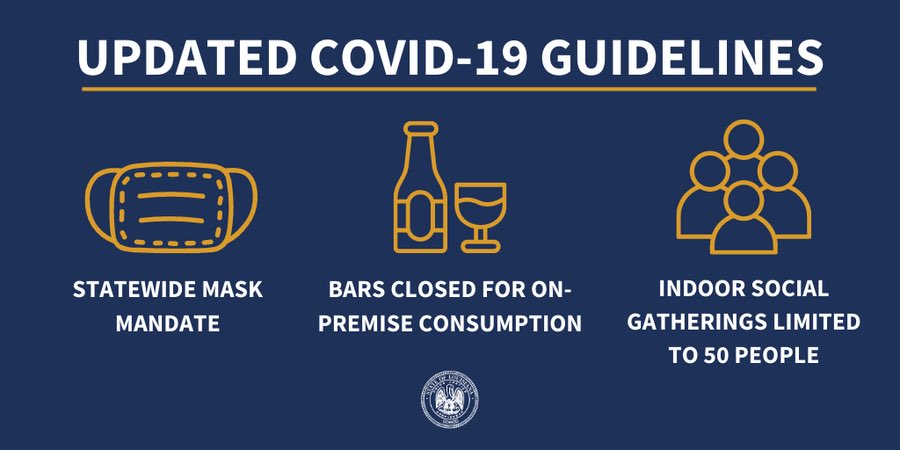 What's new about Louisiana's updated COVID-19 guidelines that are now in effect? 

😷 Masks are required for everyone ages 8 and older. 

🥤All bars are closed to on-premises consumption. 

5️⃣0️⃣ Indoor social gatherings are now limited to 50 people. 

#MaskUpLa #lagov #lalege