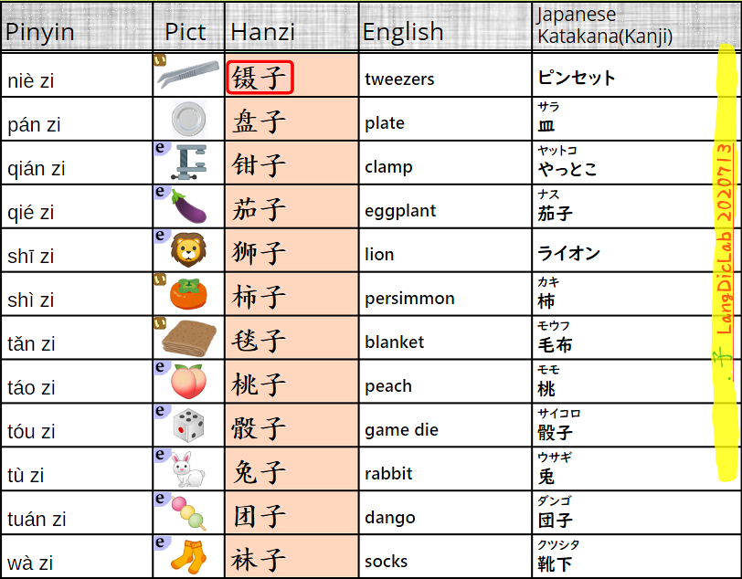 Langdiclab Chinese Words Vocabulary 子镊子 盘子 钳子 茄子 狮子 柿子 毯子 桃子 骰子 兔子 团子 袜子 Mandarin Learnchinese 中国語 学汉语 词汇画像 子3 12 Item T Co S7zvsv8rdi