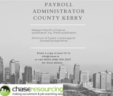 ChaseResourcing's tweet photo. PAYROLL ADMINISTRATOR ROLE AVAILABLE IN COUNTY KERRY

Please email a copy of your CV to info@chase.ie

For more information contact us at 0669762007 or follow the link below 
https://t.co/q44oexweCV…/payroll-administrator-munster/ https://t.co/EuDFdGhFAF